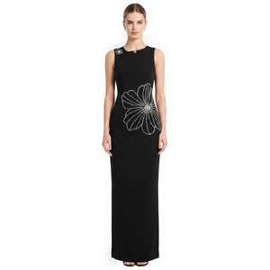 Black Sleeveless Rhinestone Flower Bodycon Maxi Dress Front View