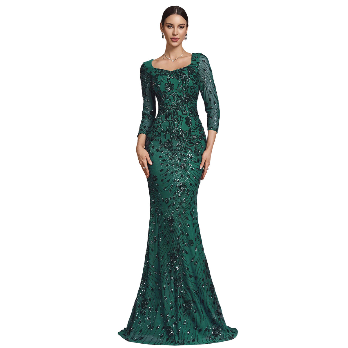 sequin embroidery 3/4 sleeve mermaid gown for women front view
