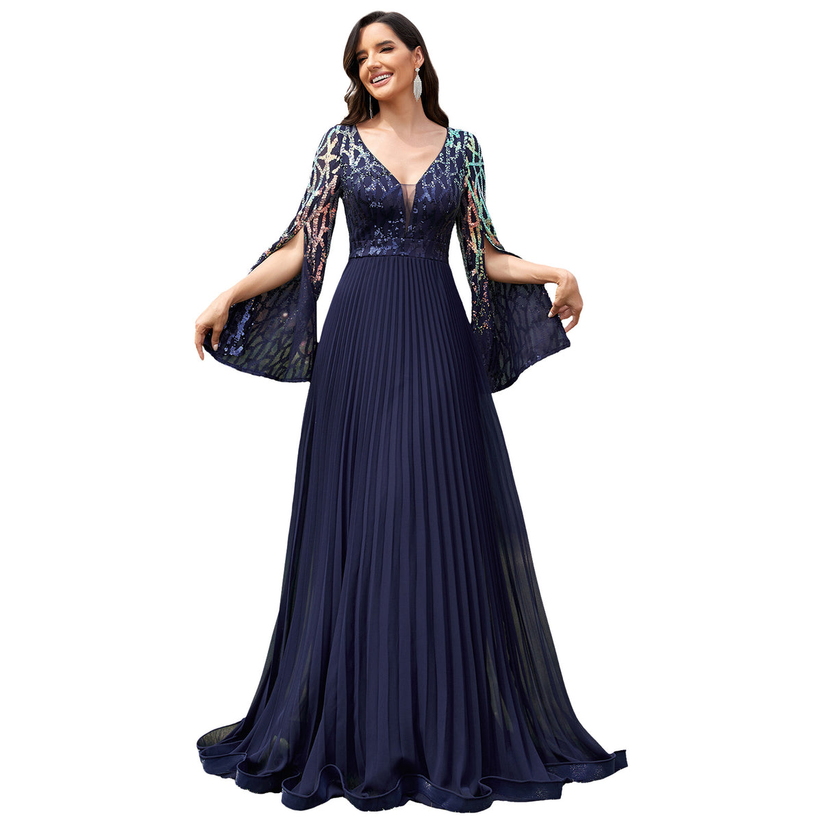 Navy Blue V-Neck Slit Sleeve Sequin Pleated Maxi Formal Dress Front View