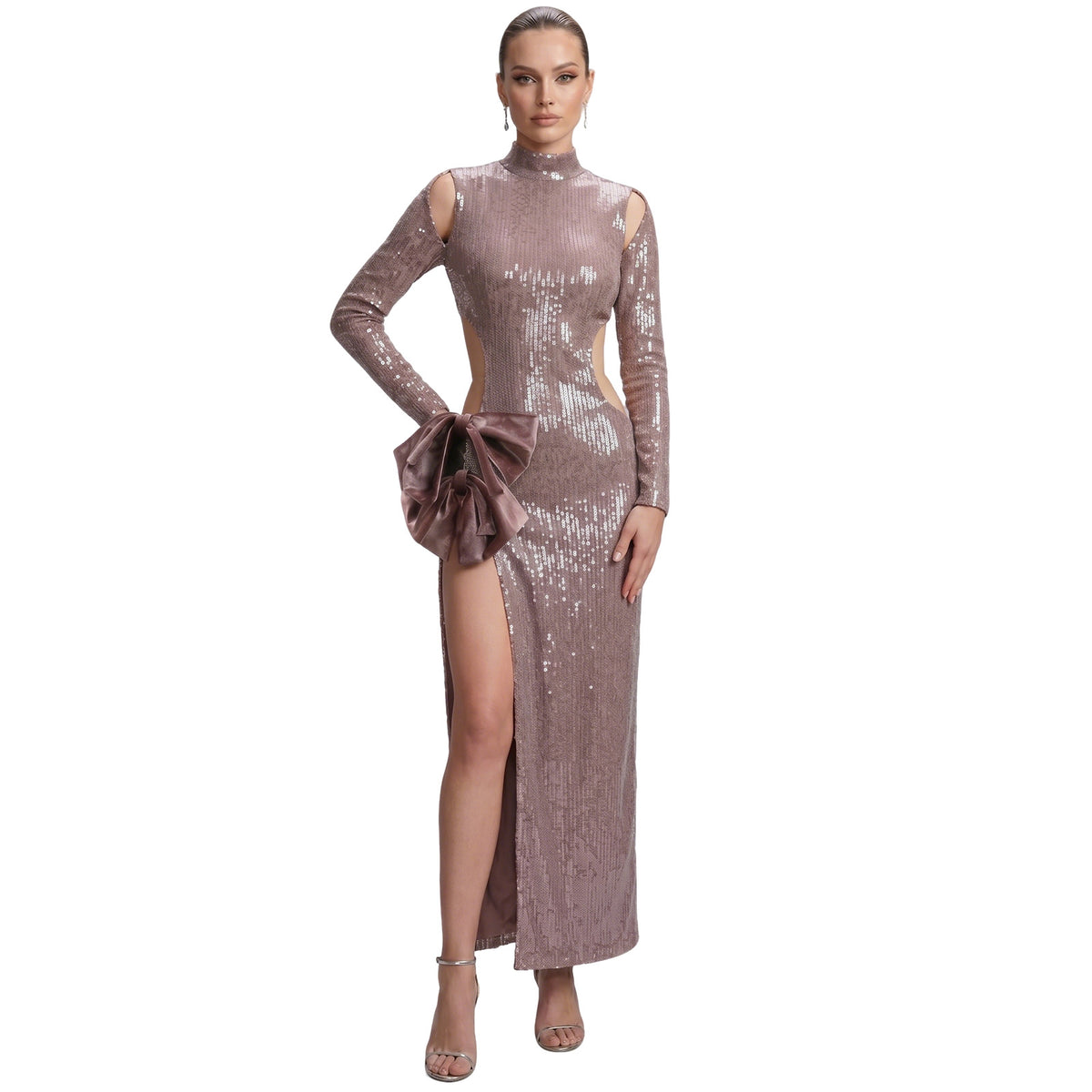 Sequin maxi dress with cutout detail and high slit featuring a stunning silhouette for parties.