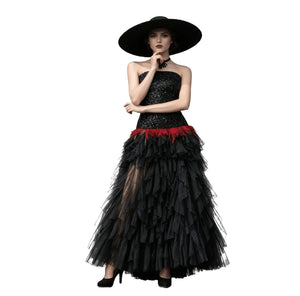 Black Sequin Strapless Gothic Gown with Red Feather Accent & Layered Organza Skirt