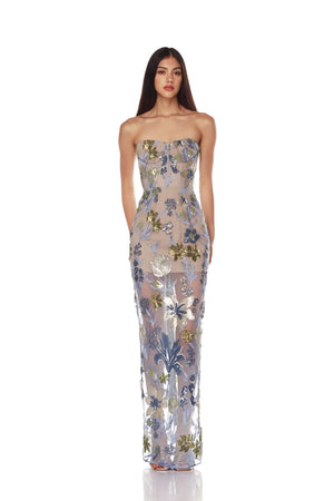 Blue Floral Embroidered Strapless Tulle Maxi Dress front view