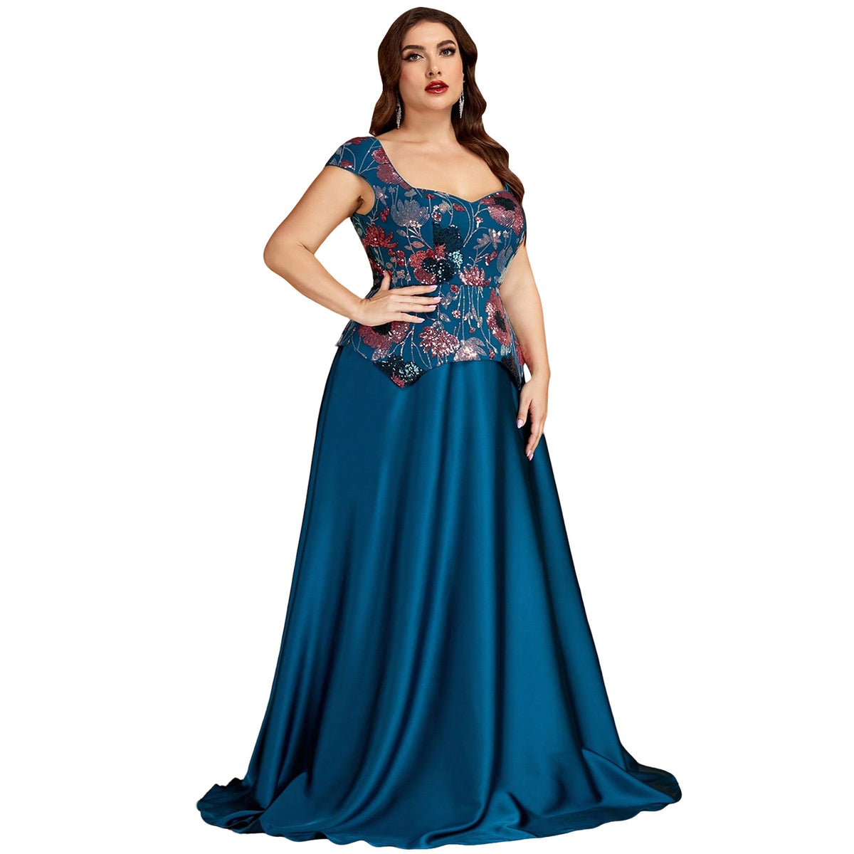 Teal blue floral embroidered evening gown with a flowing floor-length skirt and fitted bodice